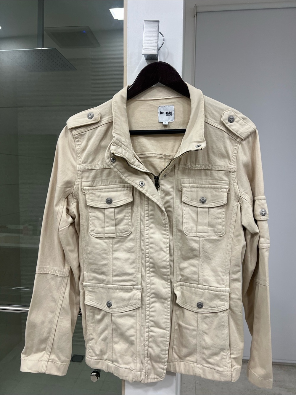 kensie Beige Utility Jacket with Front Flap Pockets